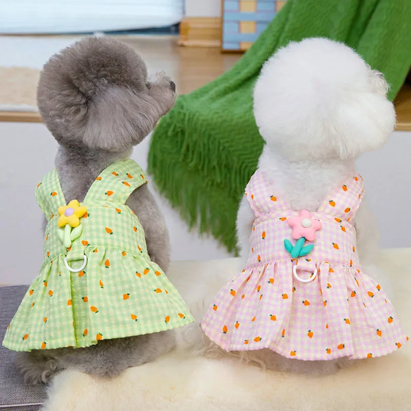 

Pet Clothes Pink Green Flower Mesh D-Ring Dog Dress For Small Dogs Dachshund Yorks Puppy Summer Clothes Female Dresses Skirt XS