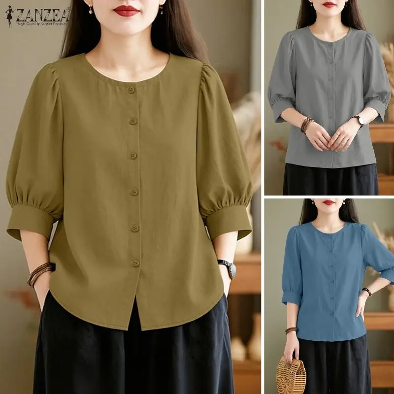

Summer Shirts 2026 ZANZEA Women Blouse Fashion O Neck 3/4 Sleeve Tops Causal Solid Color Buttons Up Blusas Mujer Chemsie Femme