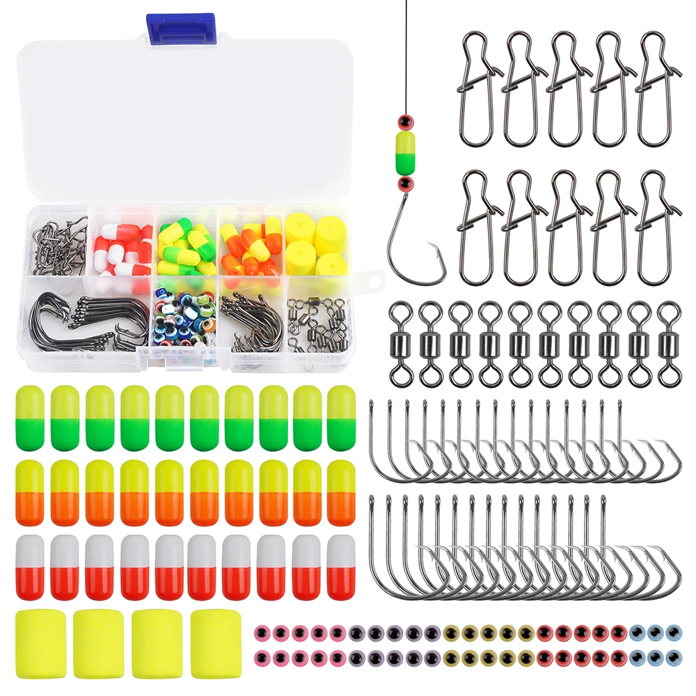 130ชิ้นชุดอุปกรณ์ทำเบ็ดตกปลาทำจากโฟมลอยน้ำได้ตะขอเป็นวงกลมหมุนด้วยลูกปัดตัวล็อคคู่ตกปลาสแนปตกปลาน้ำเค็ม