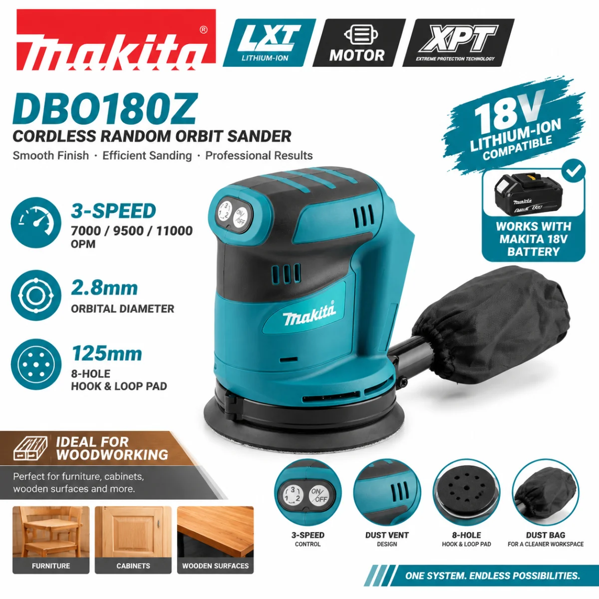 Makita 18V Battery DBO180Z Brushless Random Orbital Sander, Rechargeable Disc Sander for Woodworking Putty Sanding & Polishing