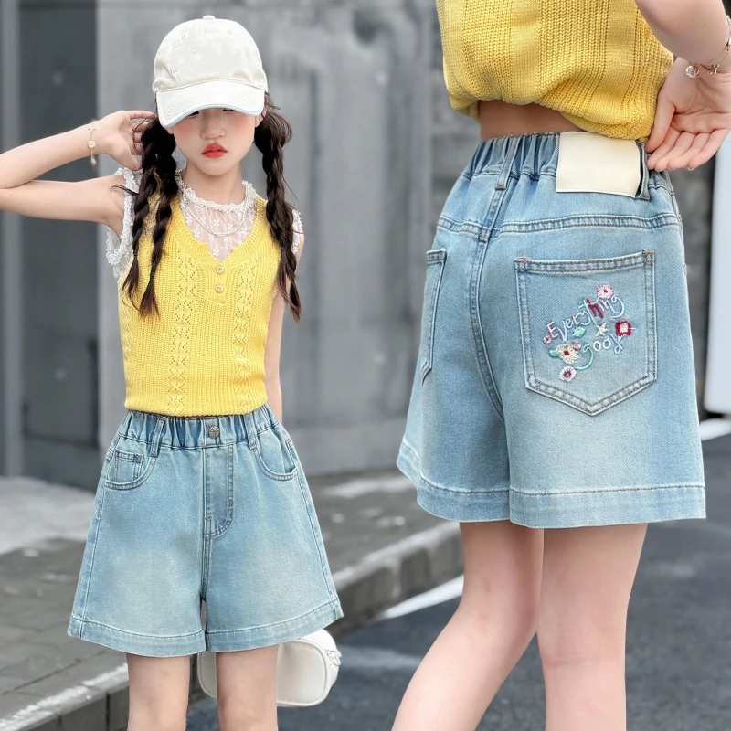 

Floral Embroidery Girls Denim Shorts Elastic Waist Light Blue Wide Leg Jeans Kids Casual Summer Short Pants For 6-16Y