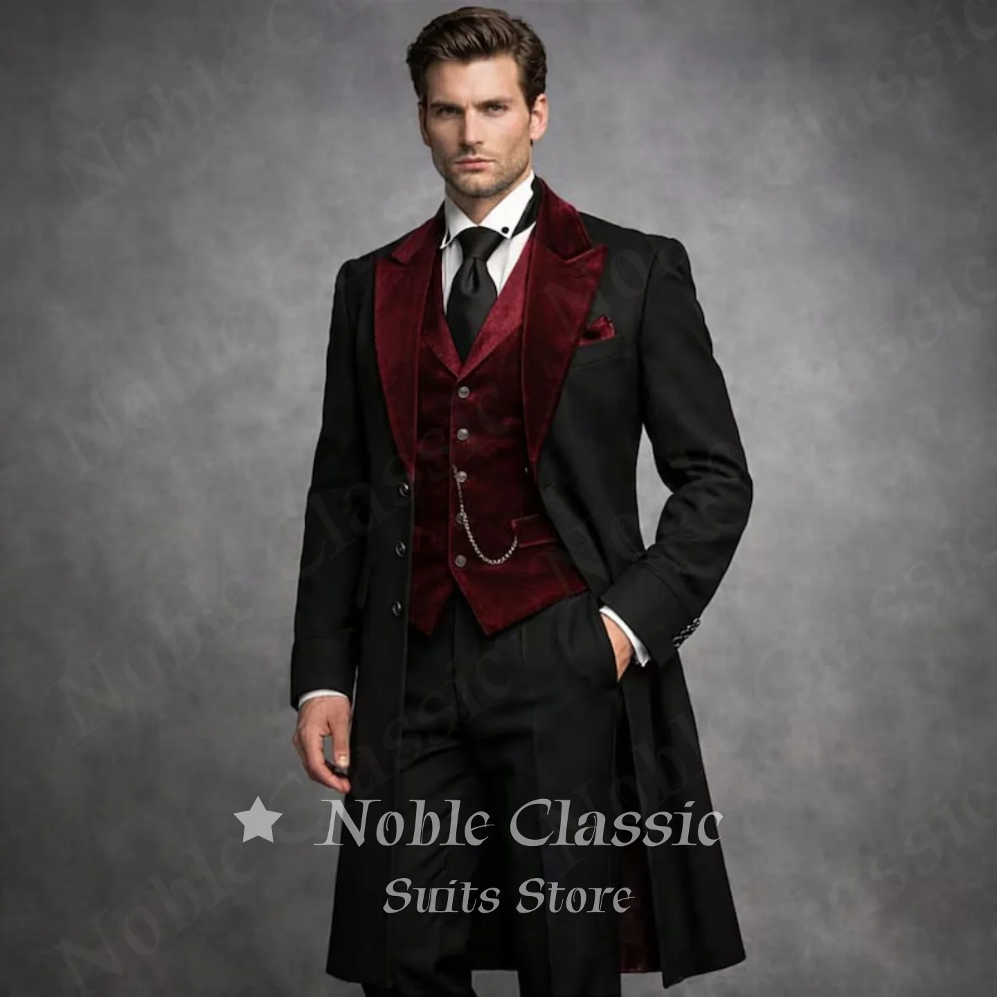 Men Black 3 Piece Suit Burgundy Velvet Shawl Lapel Long Victorian Tailcoat Waistcoat Pants Set Formal Wedding Guest Customized