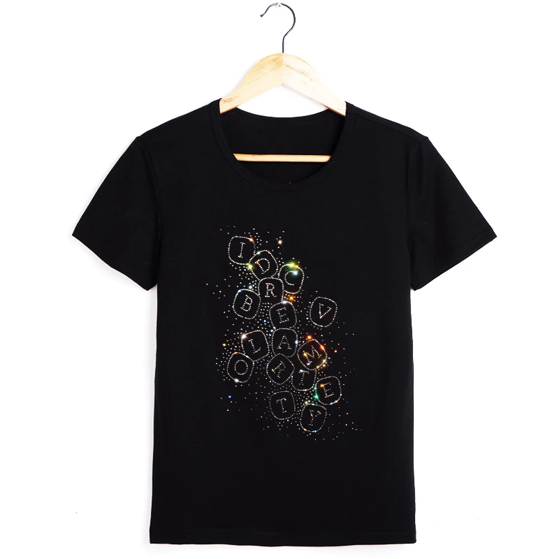 korean popular clothes letters print diamond hot sale summer clothes T-shirt short sleeve cotton tees shirt loose Woman clothing