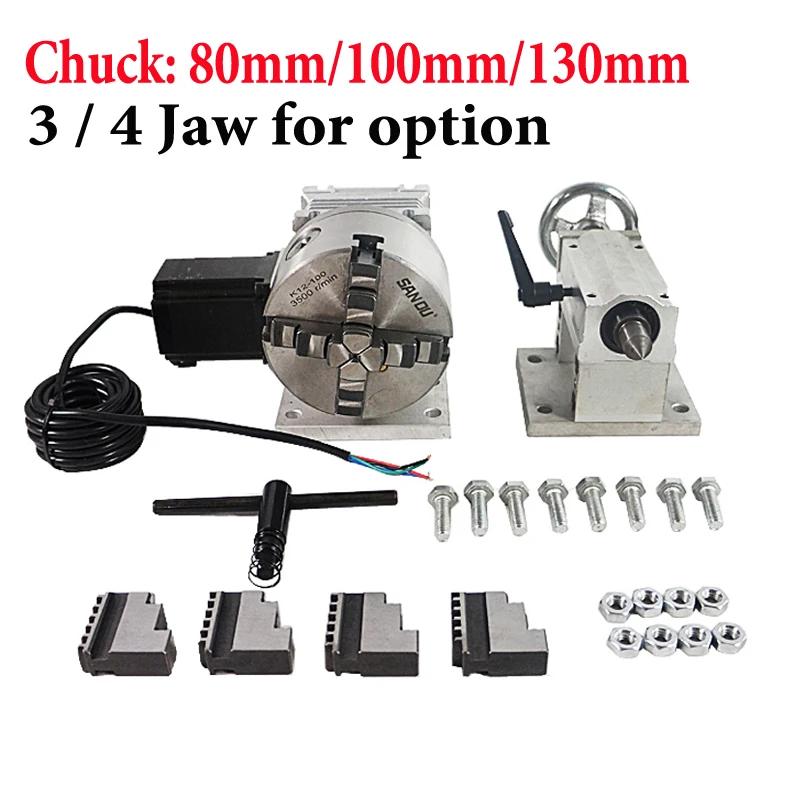 CNC Router A 4th Axle Rotary Axis Tailstock CNC dividing head 3 4 Jaw ChucK 80mm 100mm 130mm Rotation Axis For CNC3040 6040 6090