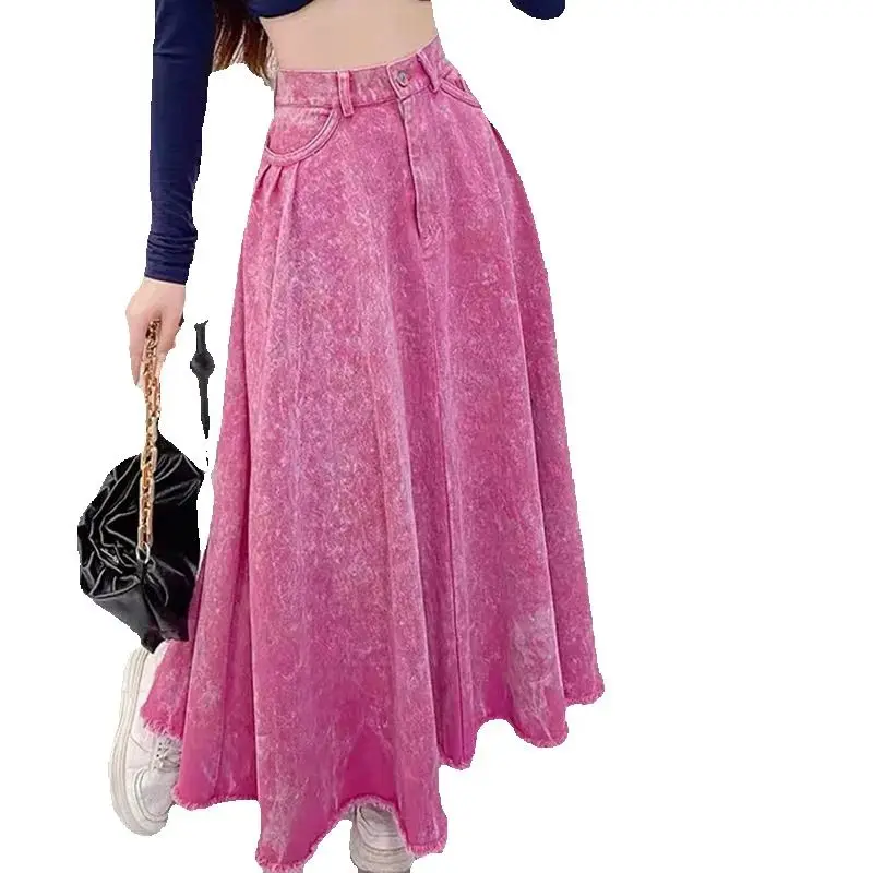 Washed A-Line Denim Skirt Women Spring Summer New Niche Design Dopamine Wear Low Waist Slim Floor Long Skirt