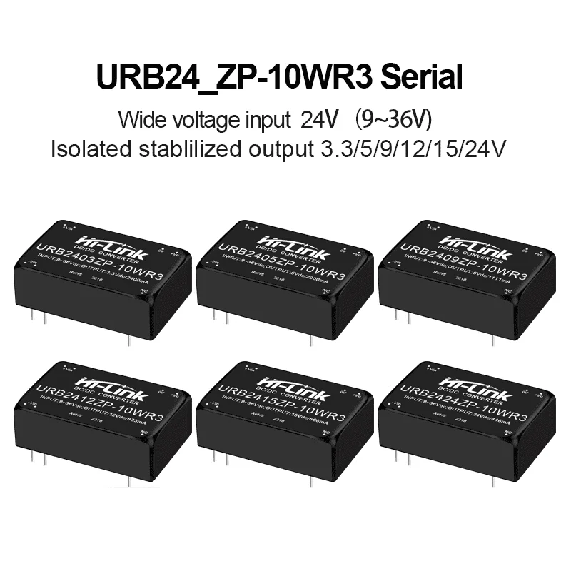 9 To 36V Standard 24V Input 10W Metal Brick URB2405ZP URB2412ZP 0.036W Standby Drain 1ms Ultra Fast Activate PCB Mount Gear