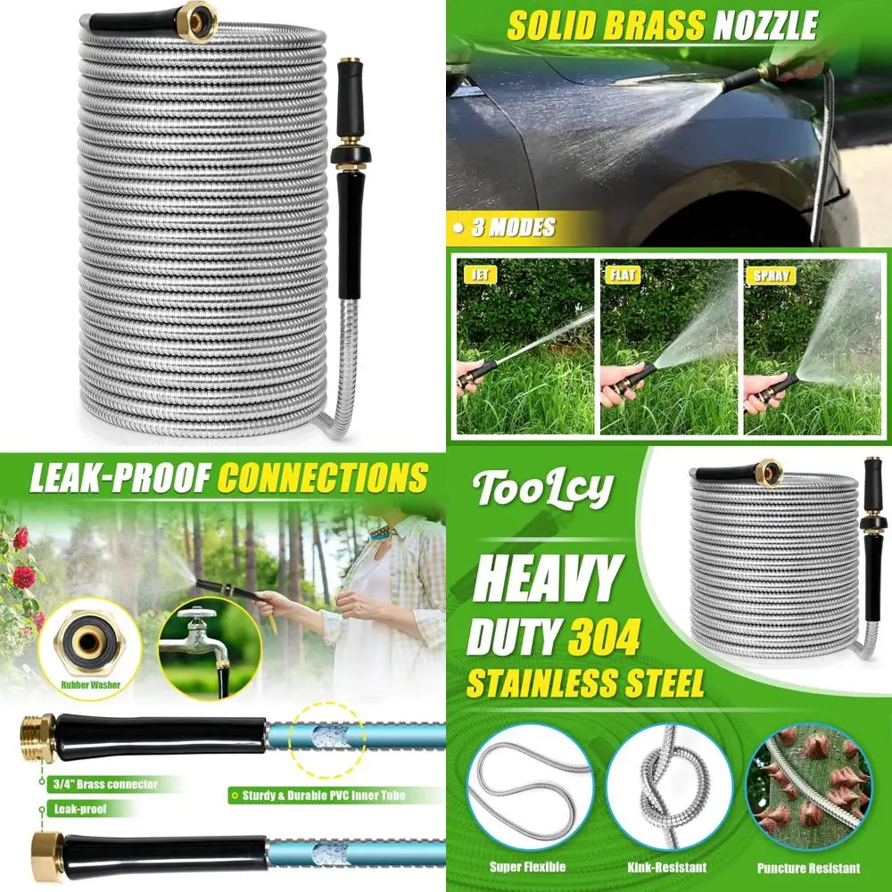 

Heavy-Duty 100-Foot Stainless Steel Flexible Garden Hose with Brass Nozzle - Kink-Free, Durable, Long-Lasting Water Hose for Out