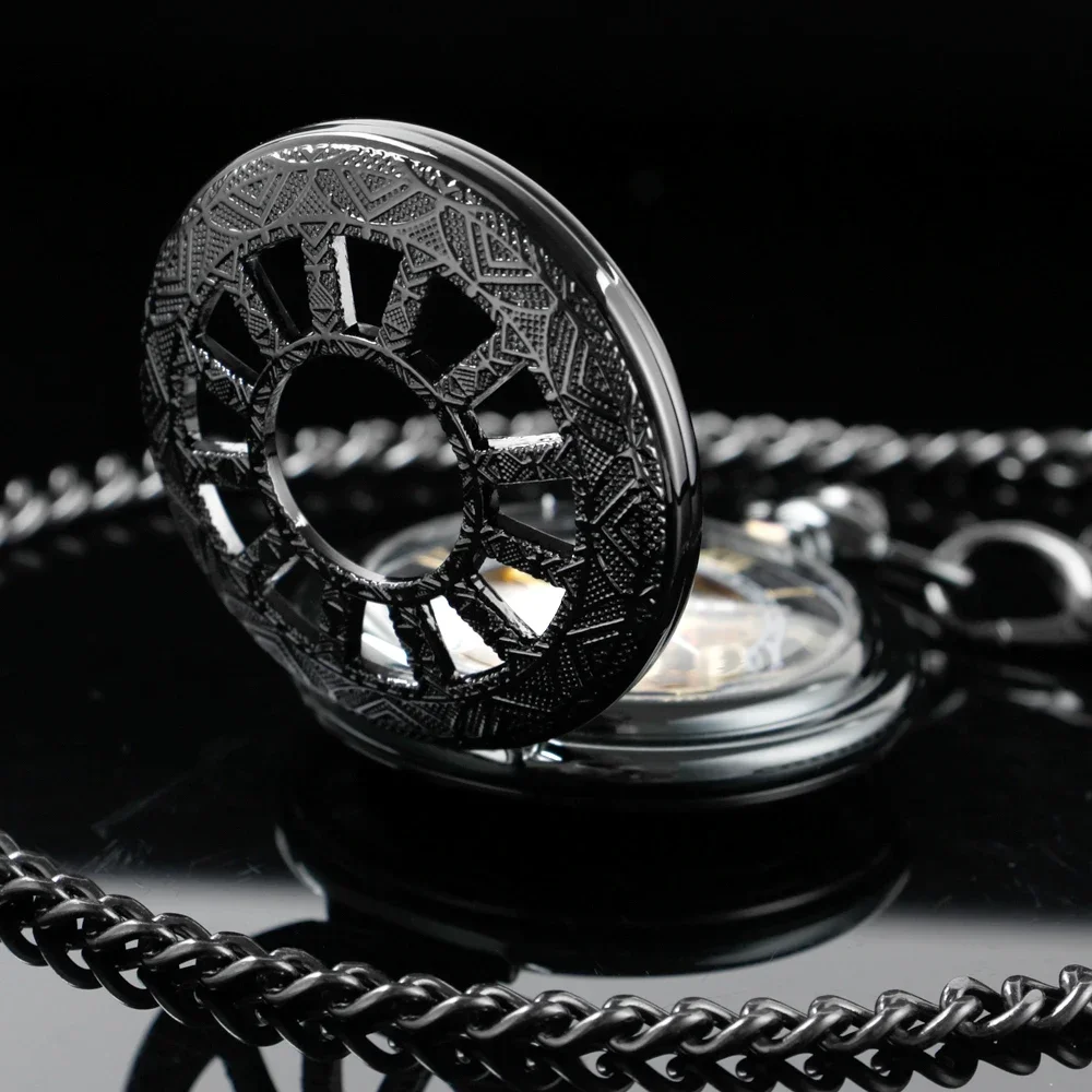 Black Mechanical Pocket Watch Men Antique Style Gift Pocket Chain Timepiece Roman Numerals Dial Display Vintage Watch Male