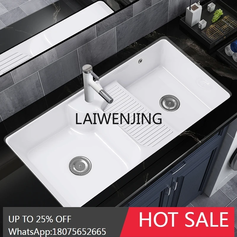 LYY ceramic deepened under-counter basin outdoor hand washing with rubbing board balcony laundry pool integrated double basin