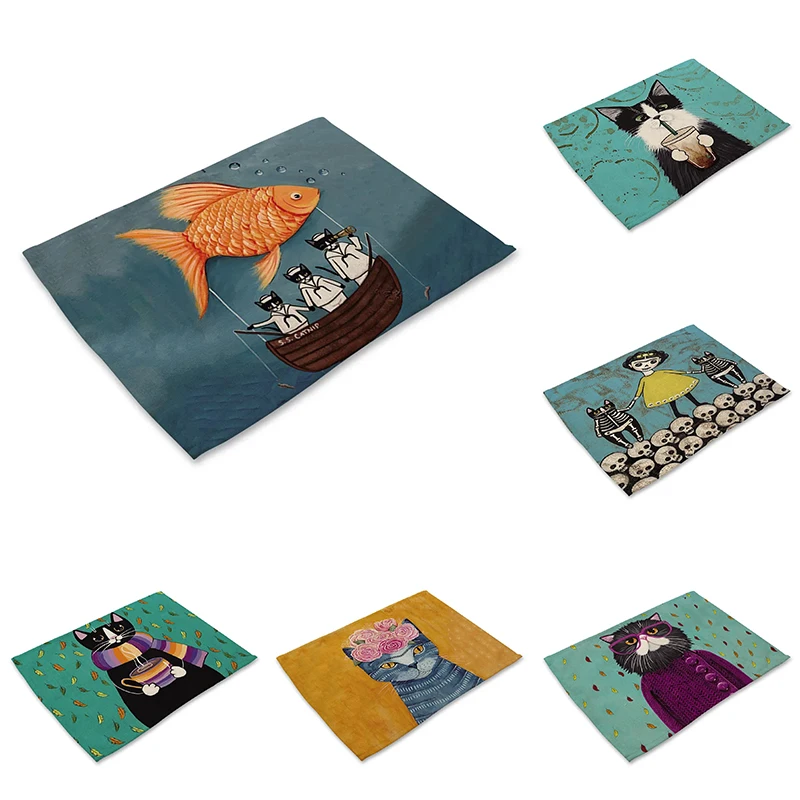 Cat Table Placemats with Cartoon Cat in Sweater and Coffee Patterns Cute Design Decorative Mats for Kitchen and Dining Table