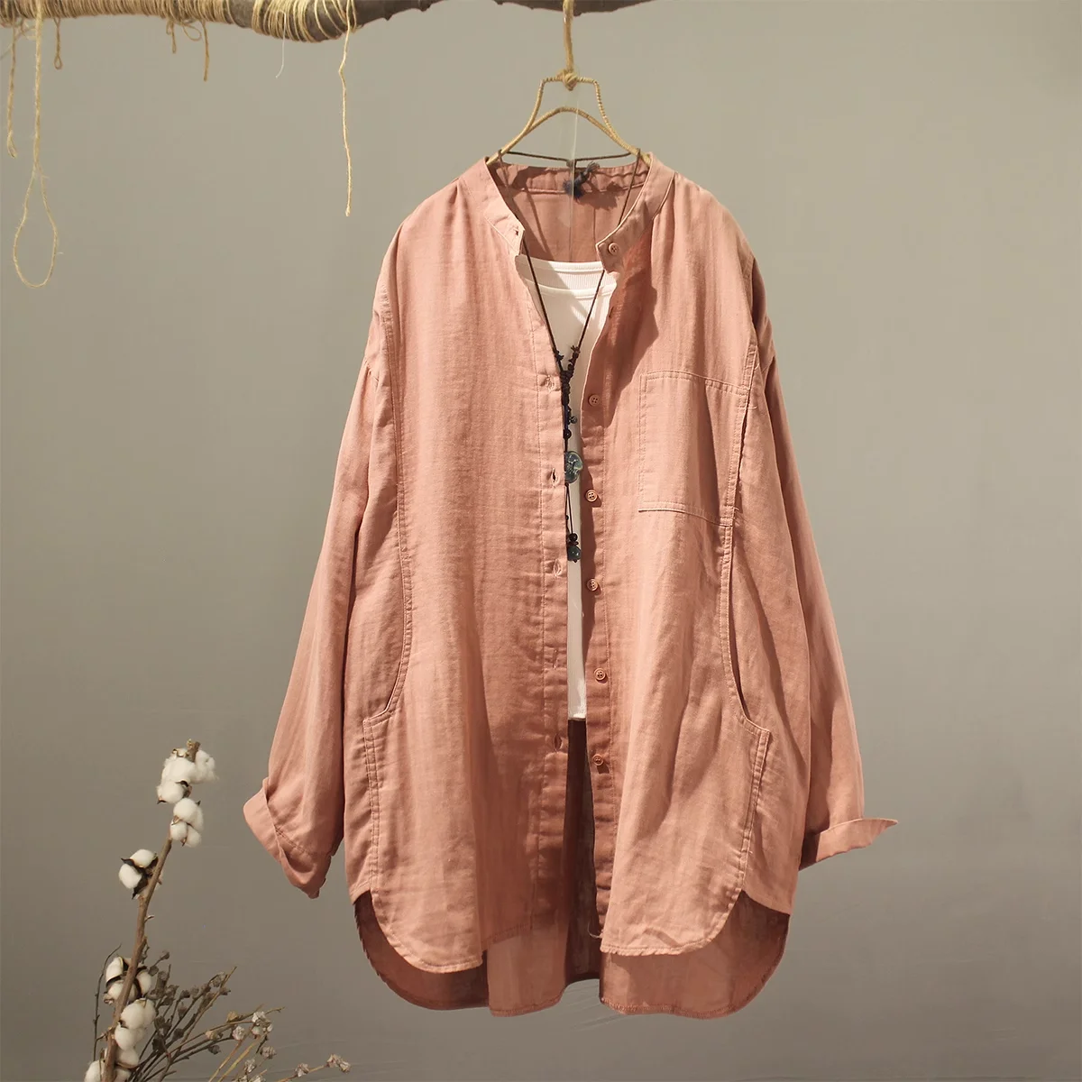 2025 Middle-aged women's clothing 100% cotton yarn woman tops and blouses Japan fashion stand collar large size tops