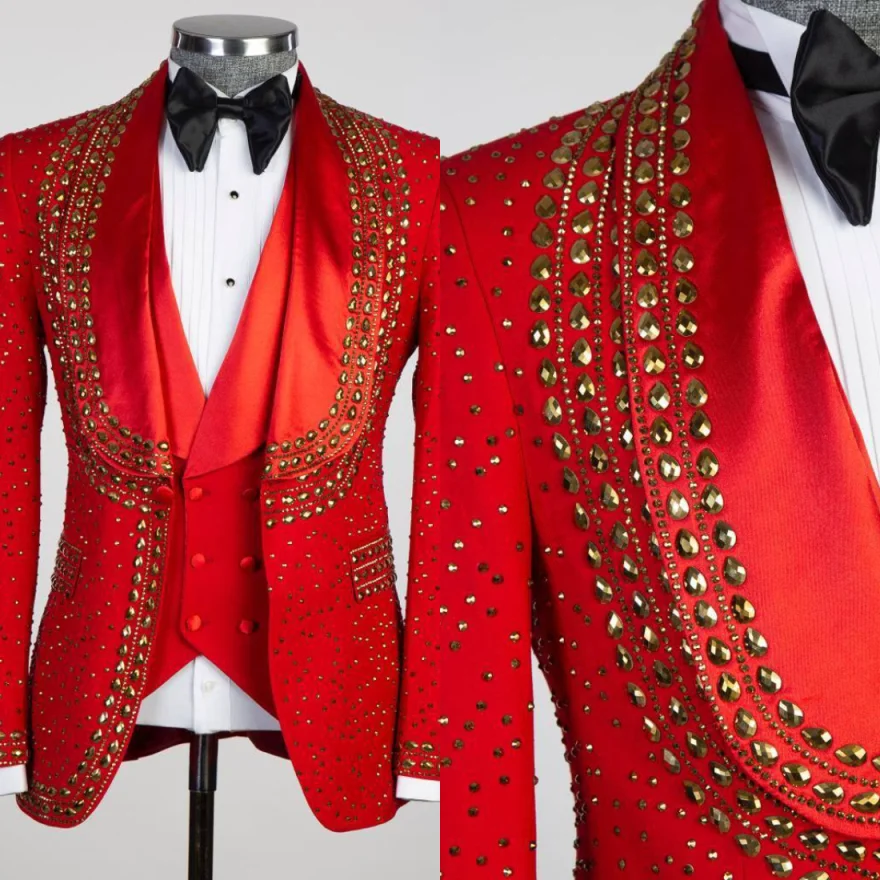 Tailor Made Groom Wedding Tuxedos Customized Beads Business Man Black Pants Suits Red Carpet Show Wear 3 Pieces