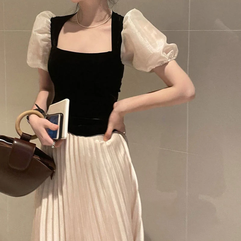 Lantern Sleeve Square Collar Blouses Women Vintage Princess French Style Elegant Tender Patchwork Fashion Slim All-match Chic