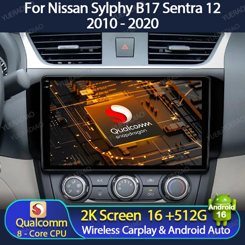 Radio para Auto Android 16 para Nissan Sylphy B17 Sentra 12 2010-2020, Unidad Principal 4G WIFI, Reproductor Multimedia de Video, GPS NAVI 2DIN BT QLED