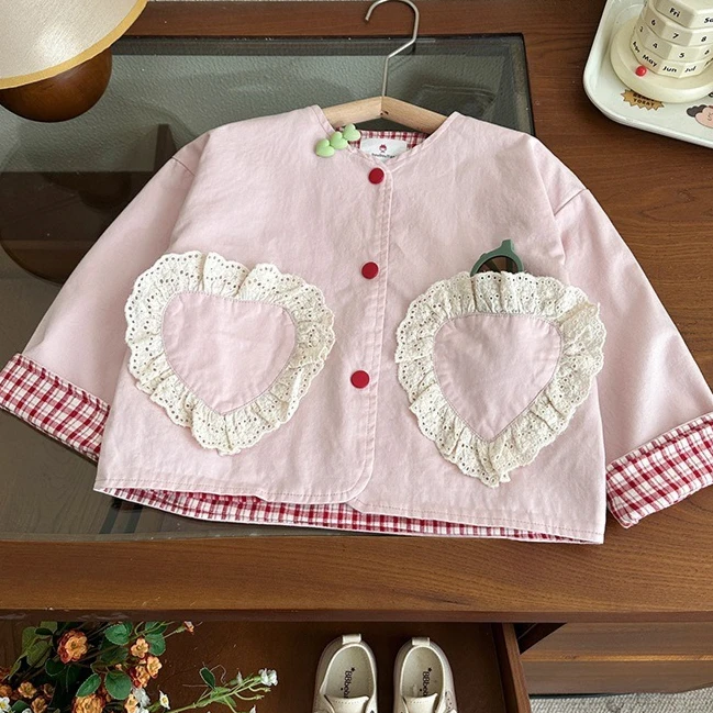 

Girls Coat 2025 Autumn New Children's Clothing Korean Style Girls Baby Fashion Sweet Pure Color Lace Coat Casual Simple Daily