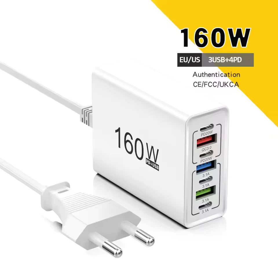 160W 7-Port USB-Ladegerät Typ C Schnellladegerät Multi-Port USB PD Wandadapter EU US Stecker für iPhone Samsung Xiaomi Huawei