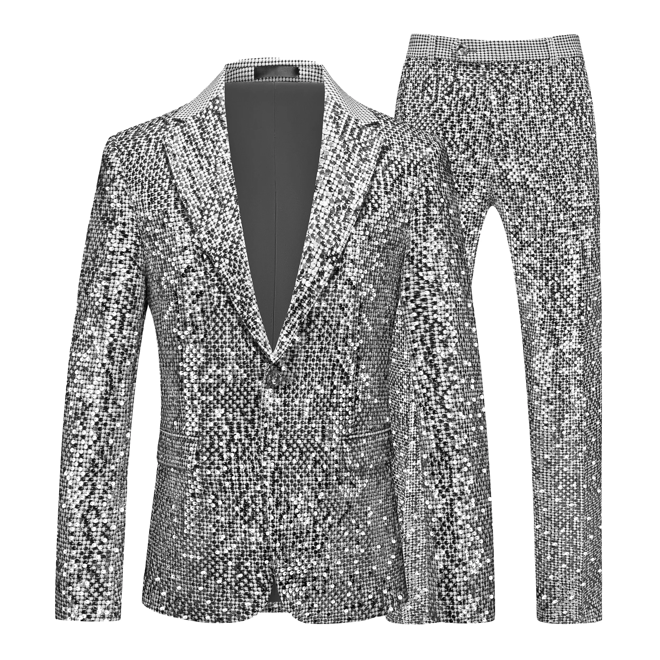 

Men's Gold Sequin Slim Fashion Suit Two Piece Set, Stage Performance, Host Costume. Top+Pants
