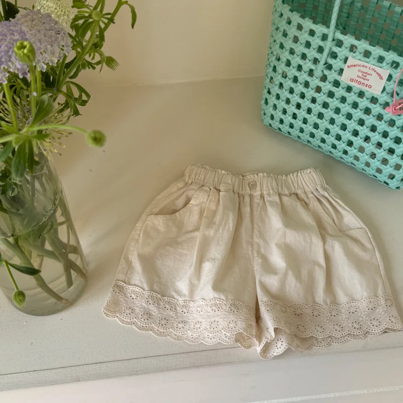 

2025 Summer New Children Loose Shorts Solid Girls Cute Lace Shorts Fashion Versatile Baby Cotton Casual Pants Kids Clothes
