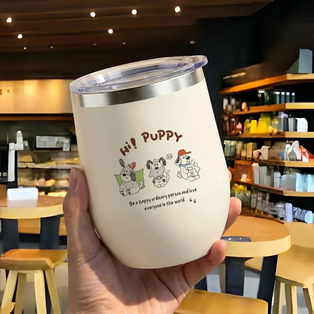 Cartoon Hund Glücklicher Welpe Vakuum-Thermosflasche 12oz Isolierter Edelstahl Kaffeebecher mit Deckel Doppelwandige Vakuum-Isolierung Auslaufsicher