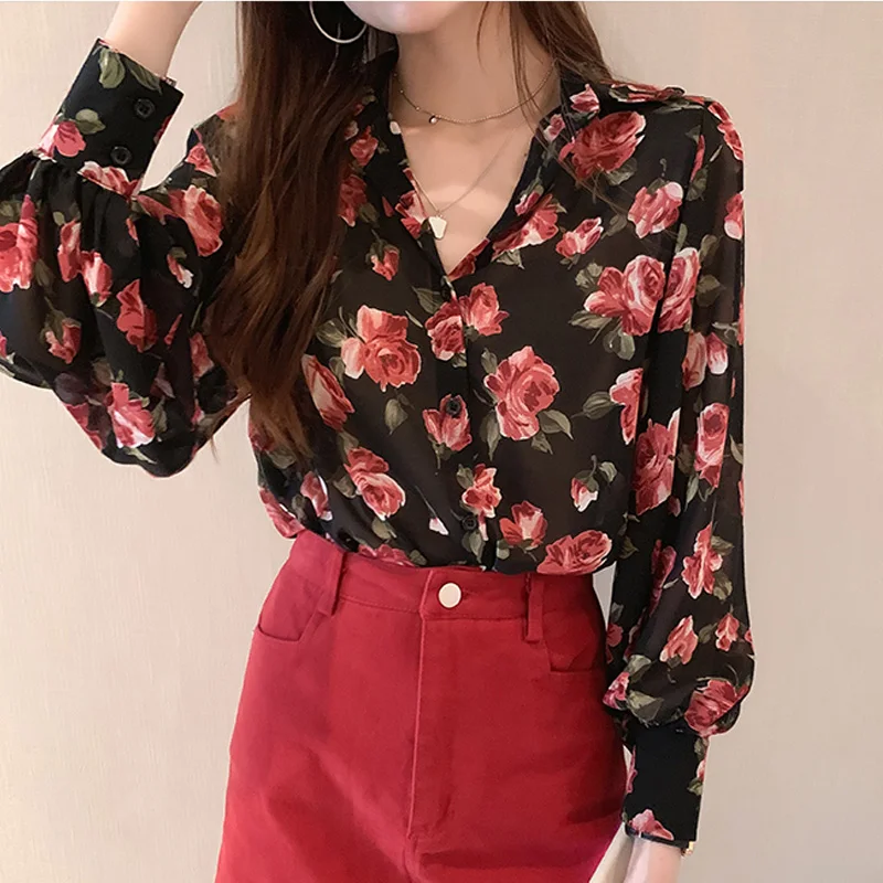 PLAZSON Vintage Flower Print Women Chiffon Thin Blouse Spring Long Sleeve Sheer Shirt Sunscreen Clothes Tops Blusas Para Mujer