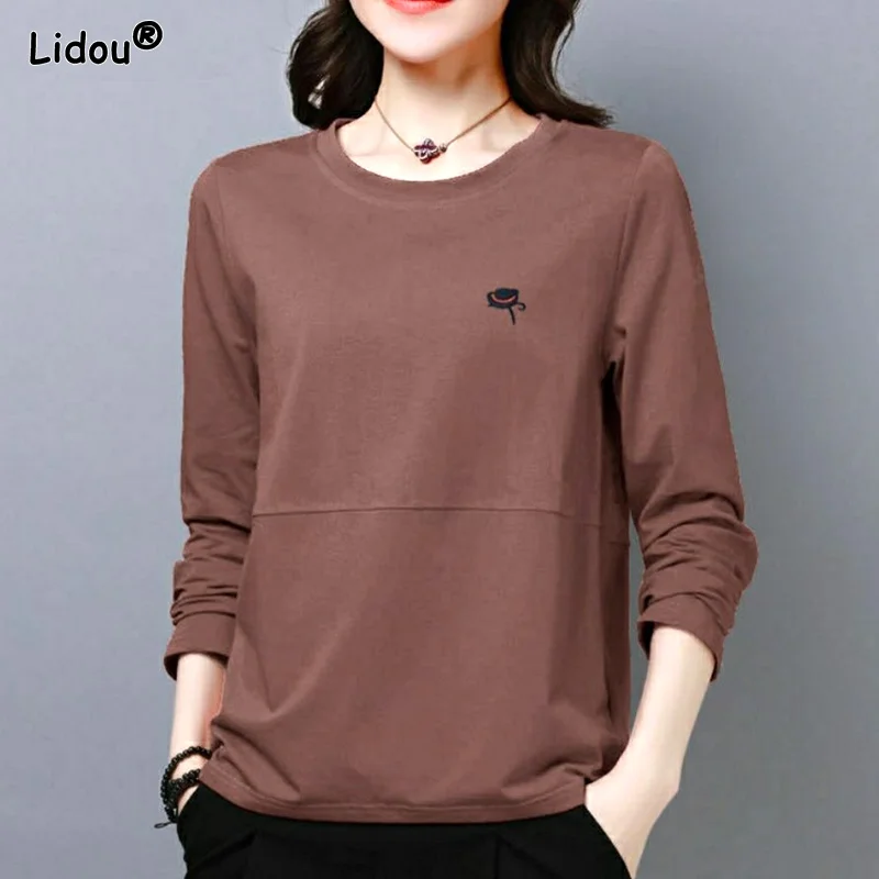 2022spring Summer Tops Casual Women\'s Clothing T-Shirts O-neck Solid Women Embroidery Comfortable Simple Capable Office Lady