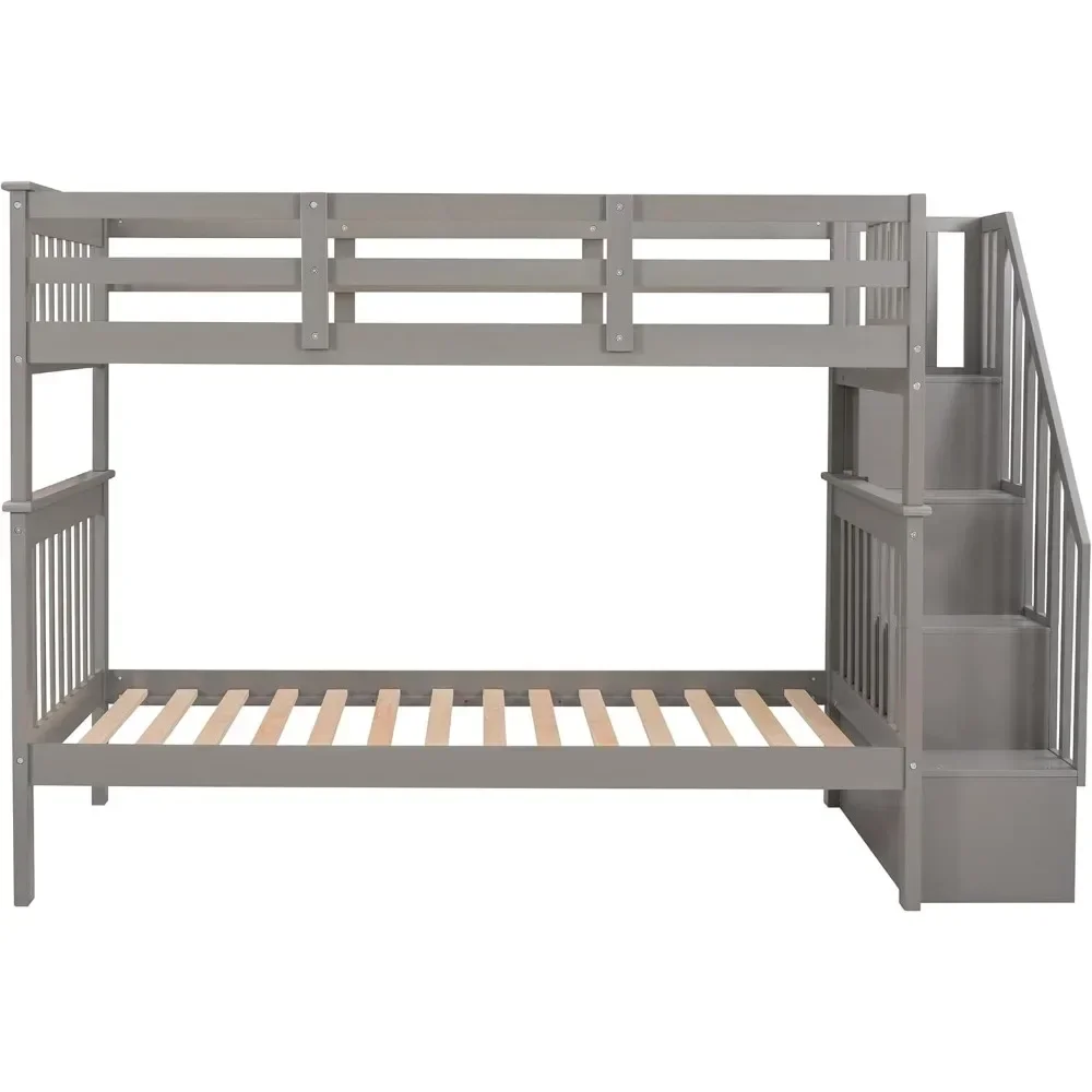 Bunk Beds Twin Over Twin with Stairs, with Storage and Guard Rail,for Kids, Bedroom, Dorm, Teens, Adults,Wood Bunk Bed Frame