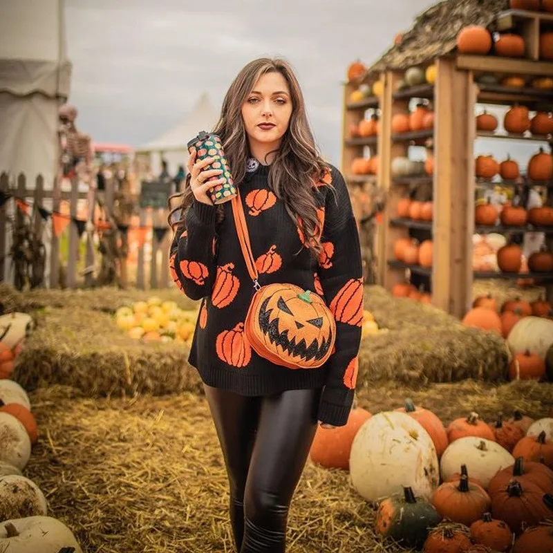 

Beach Casual loween Pumpkin Sweater Women's Loose Autumn Winter New Sle Versatile Design Knitted Long Sve Crew Ne