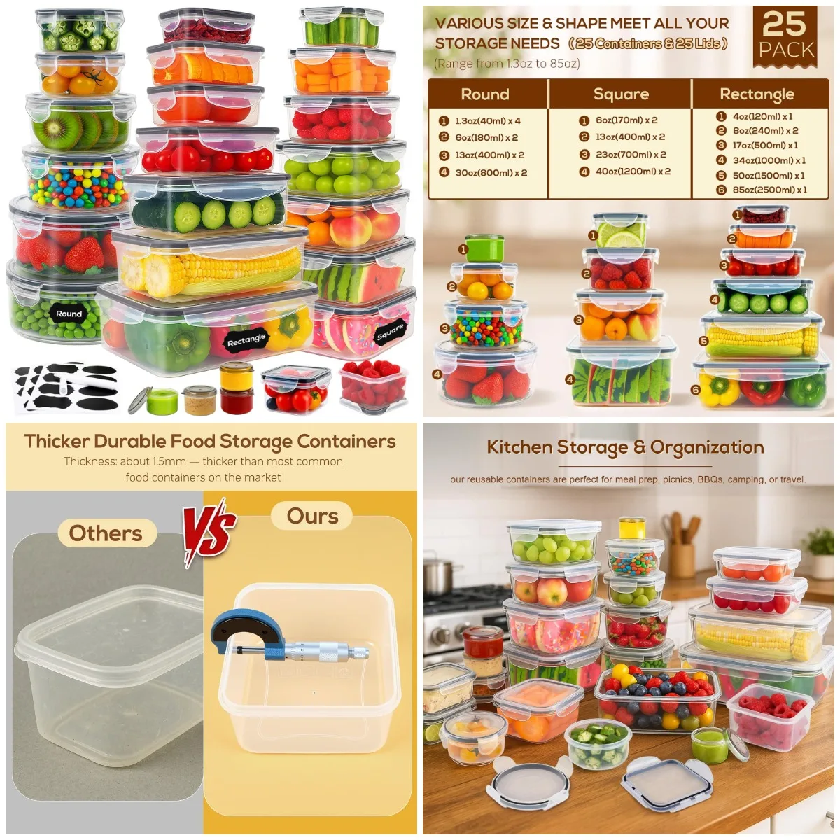 

50 PCS Thick Clear Stackable Airtight Food Storage Containers with Lids, Reusable Meal Prep Set for Kitchen, Fridge & Microwave