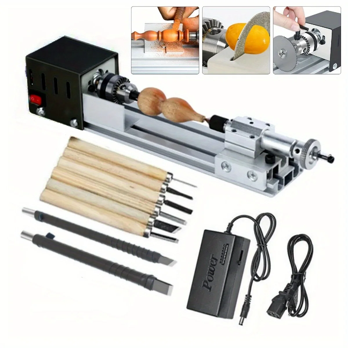 Mini Lathe Machine Tool, 12-24V Woodworking DIY Wood Lathe Milling Machine  - Grinding Polishing Beads Drill Rotary Tool Set