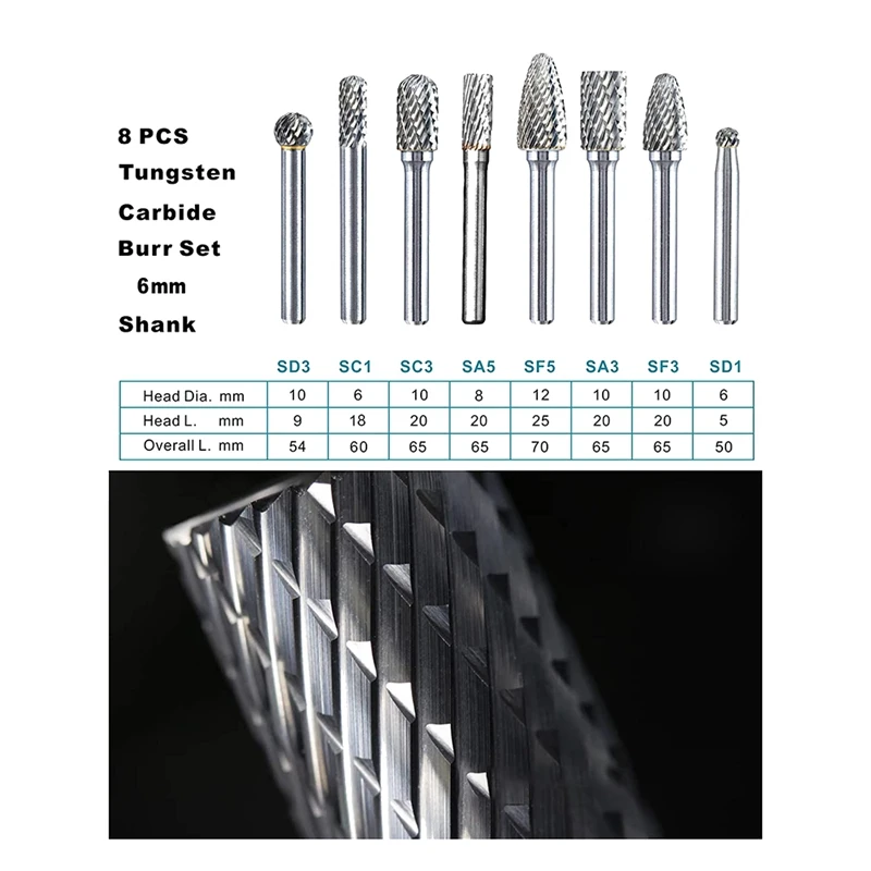 Carbide Burr Set 6Mm Shank 8 Piece Die Grinder Drill Bit Rotary File For Metal Wood Welding Concrete Grinding Deburring