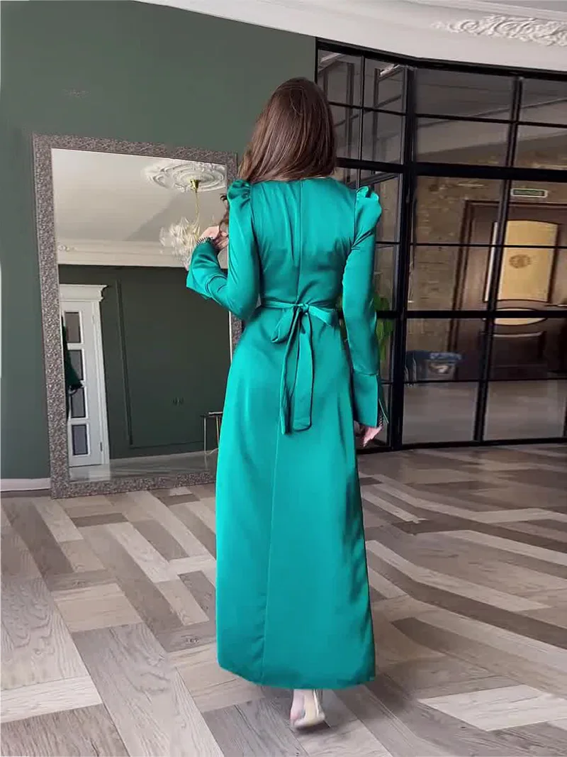 Ramadan Satin Abaya Islam Muslim Slim-fit Lace-up Dress for Women Long Sleeve Maxi Dress Kebaya Abayas for Women Musulmane Femme