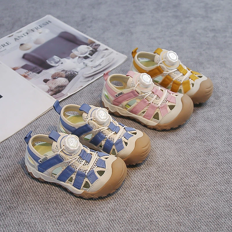 Toddler Kids Rotary Buckle Mesh Breathable Closed Toe Sport Sandals Anti-collision Rotating Lace-up Non-slip Thick Sole Outdoor