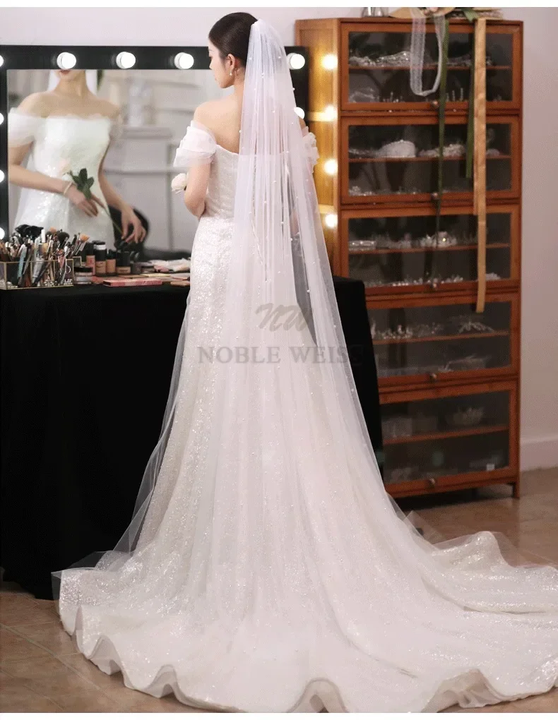 Voile de Mariée Élégant en Tulle avec Perles, Longueur 2 Mètres, pour ixde Patients, avec Peigne Personnalisé, 1T