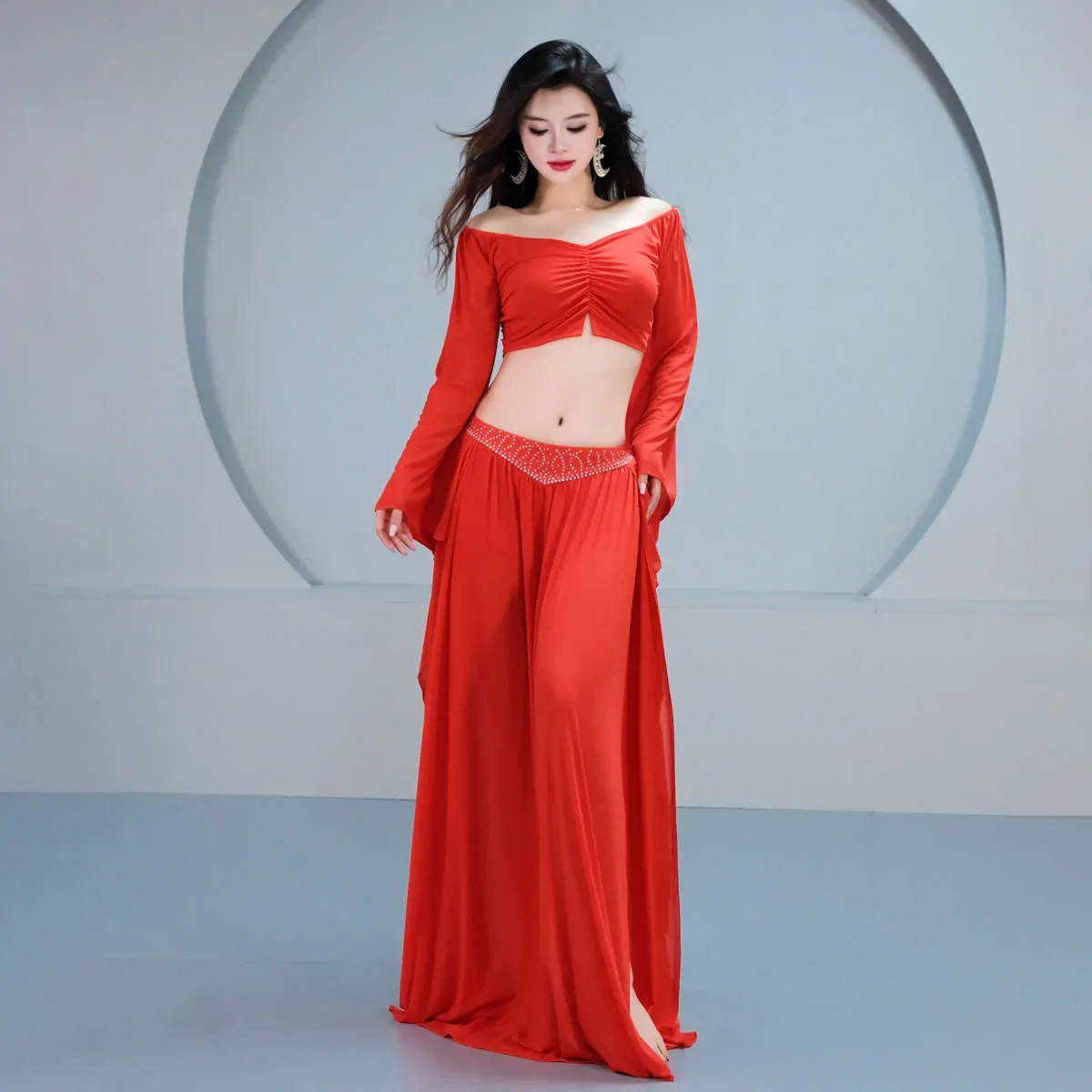 Conjunto de trajes de danza del vientre para mujer, Top y falda de verano, cinta de hoja de loto, ropa de práctica para actuación en escenario, trajes