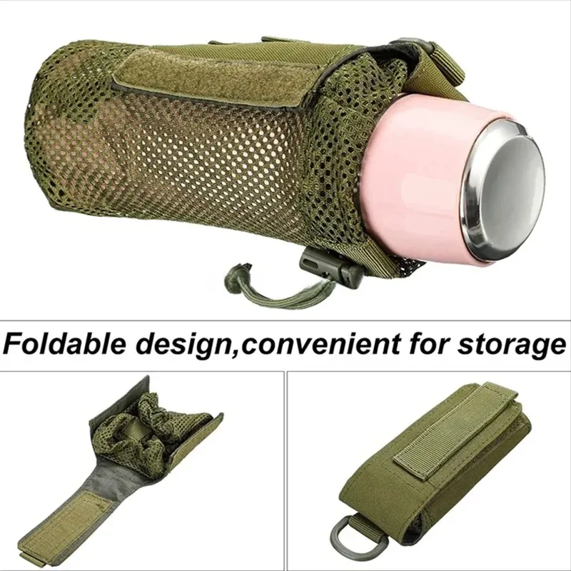 Molle Water Bottle Pouch, Foldable Mesh Water Bottle Holder Bag with Belt Clip & Carabiner for Hiking Fishing Hunting Travel