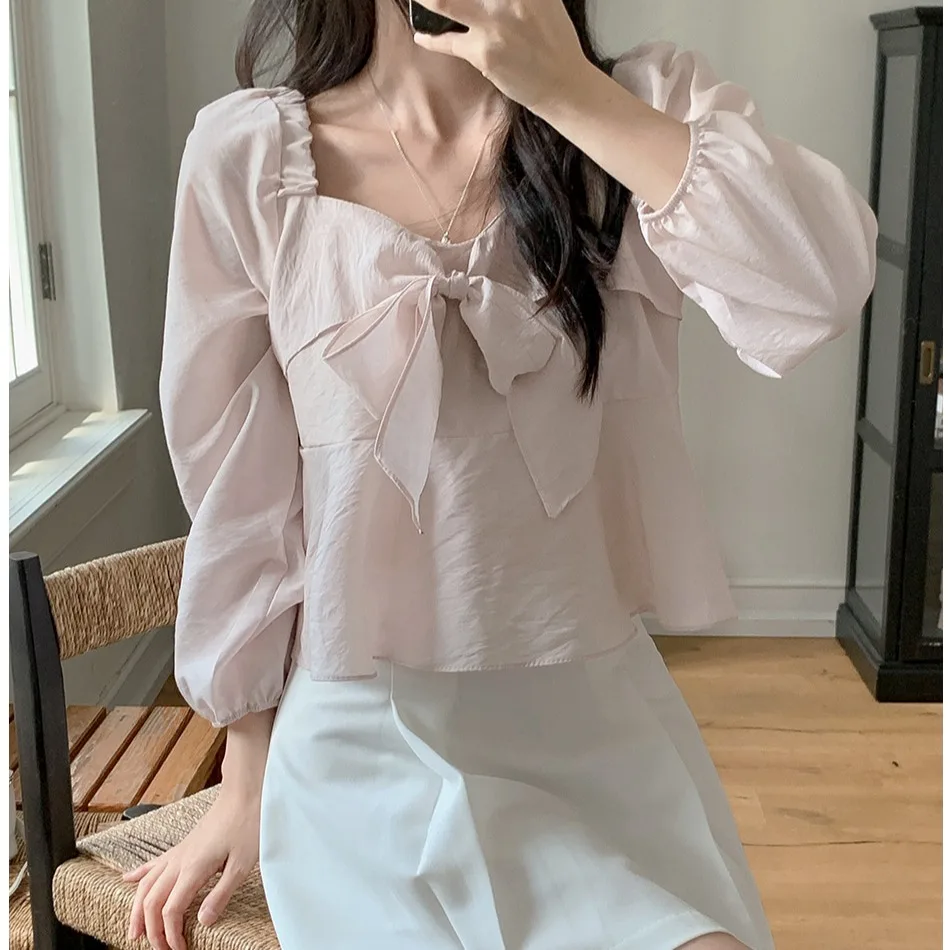 Lungo da donna Sve irt Primavera Autunno Colore puro Colletto quadrato Nodo ort Top Design coreano Versatile Ele Sweet