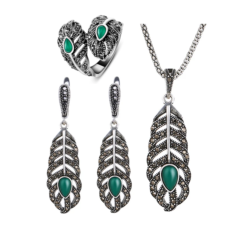 Size 7-9 Vintage Green Leaf Jewelry Sets Women Quality Rhinestone Shopping Party Jewellery