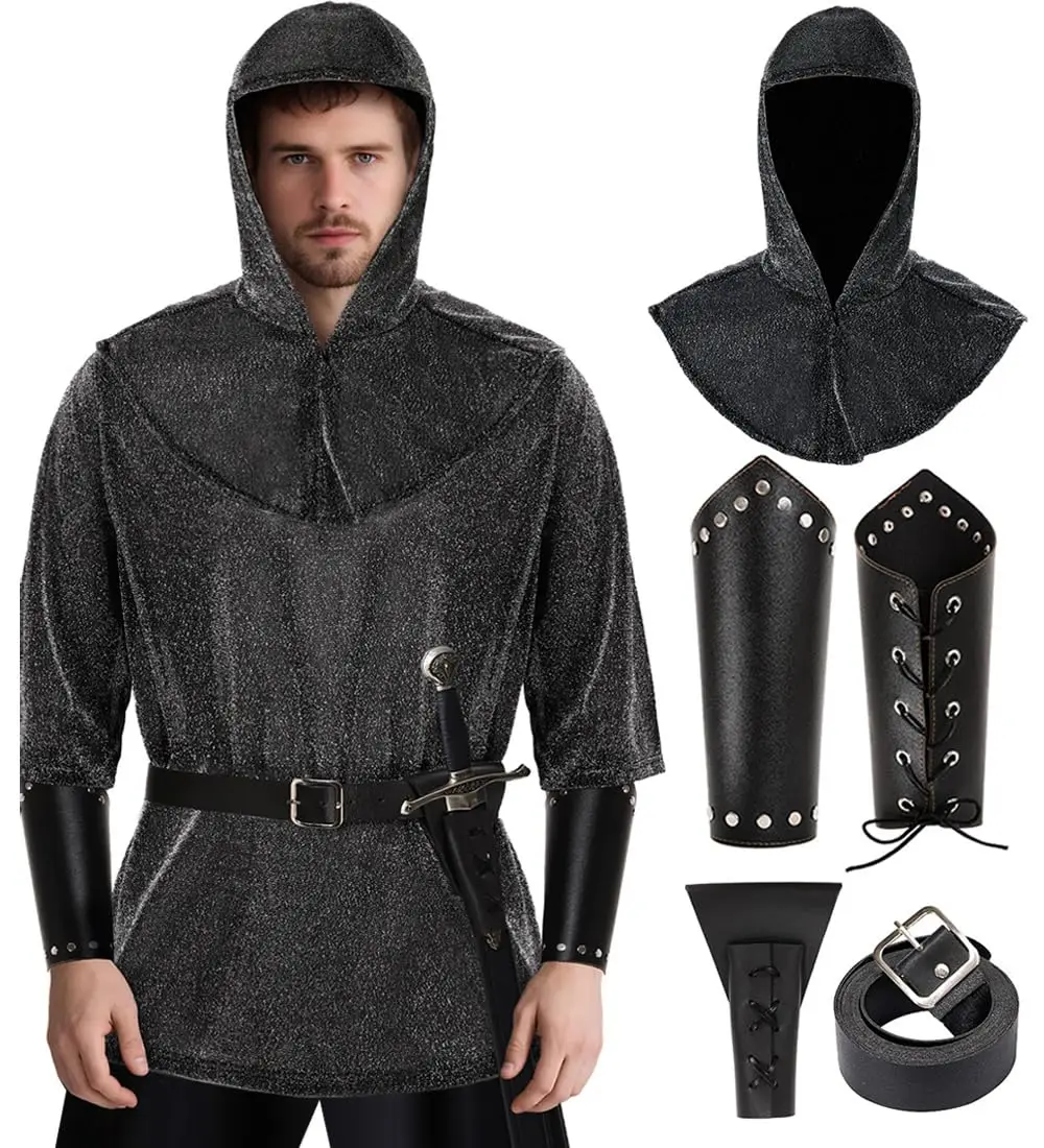 

Medieval Faux Chain Mail Armor Tunic Shirt Cowl Belt Renaissance Medieval Knight Halloween Cosplay Costume Men