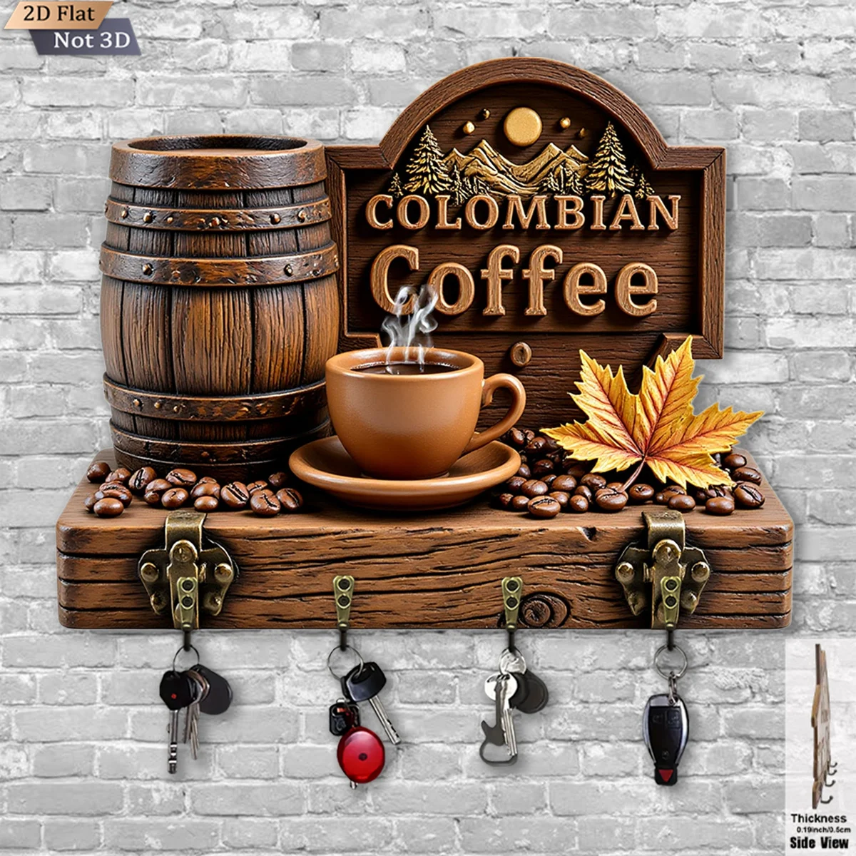 Colombian Coffee Pattern Wooden Key Hook Multifunctional Home Key Holder With Four Metal Hooks Wall Hanging Decor For Porch Room