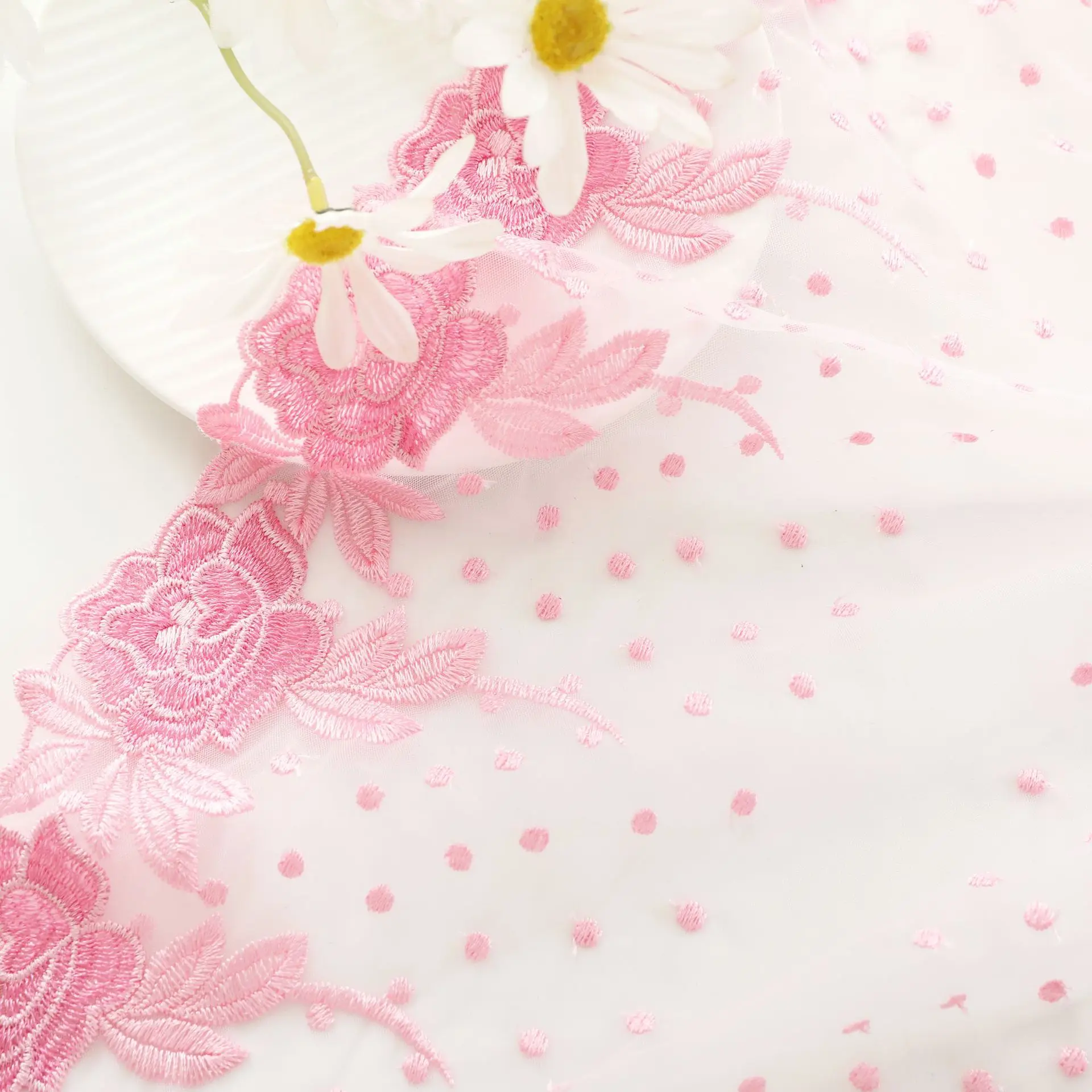 100 Yards Pink Floral Embroidery Bilateral Lace Trim Fabric Garment Bra Underwear Lingerie Sewing Trimmings Sleeve New