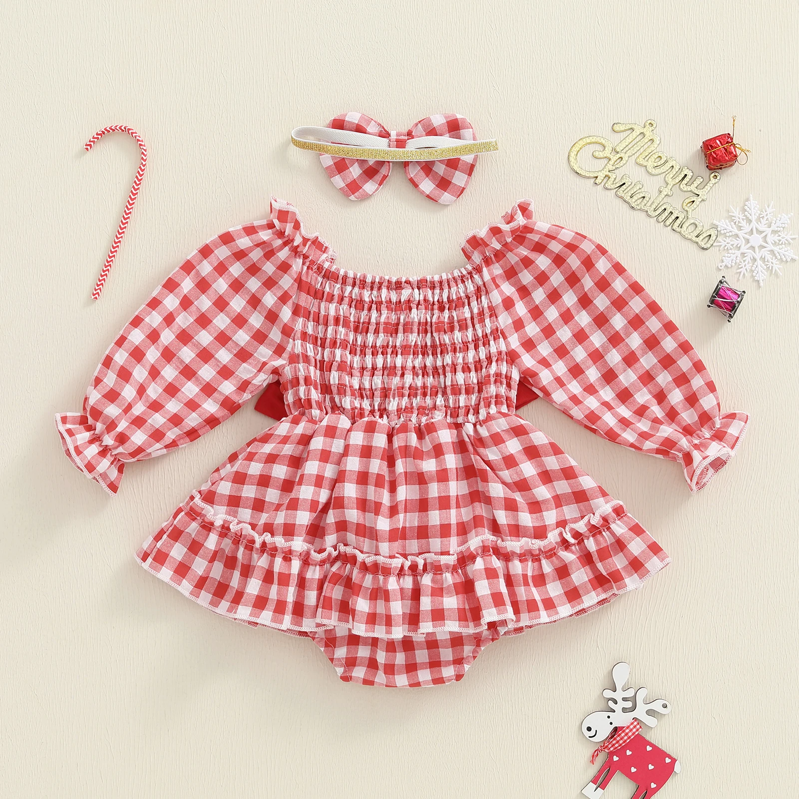 Tregren Infant Baby Girl Christmas Outfit Santa Patch Plaid Ruffled Trim Smocked Long Sleeve Romper Dress and Bow Headband Set