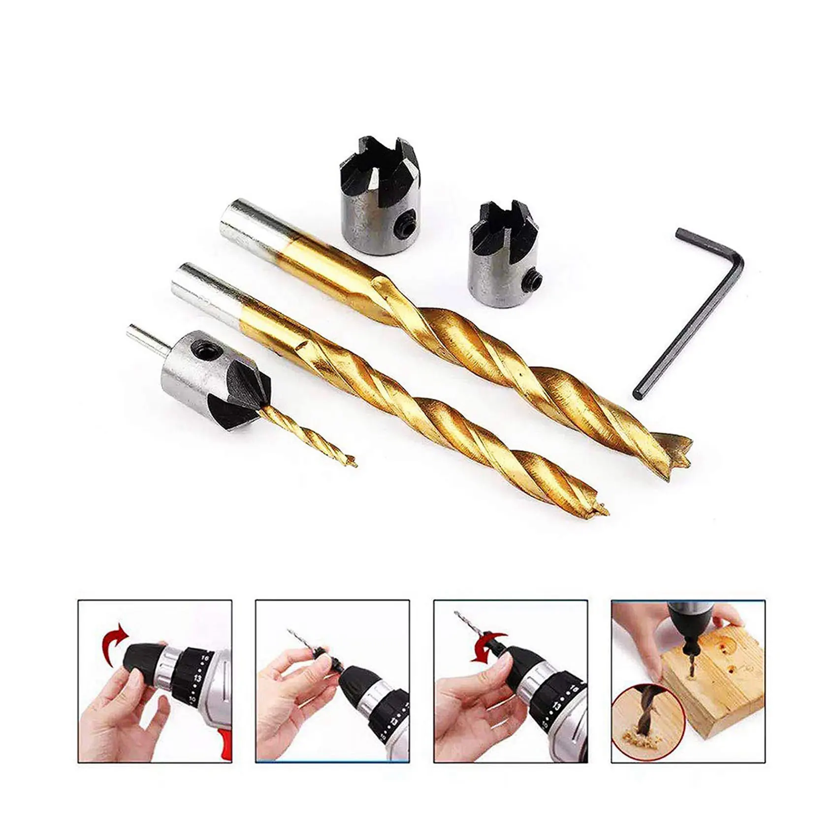ABJT-4 PCS Titanium Coated Countersink Drill Bit Set Woodworking Carpentry Reamer Tool Set With Hex Key Wrench