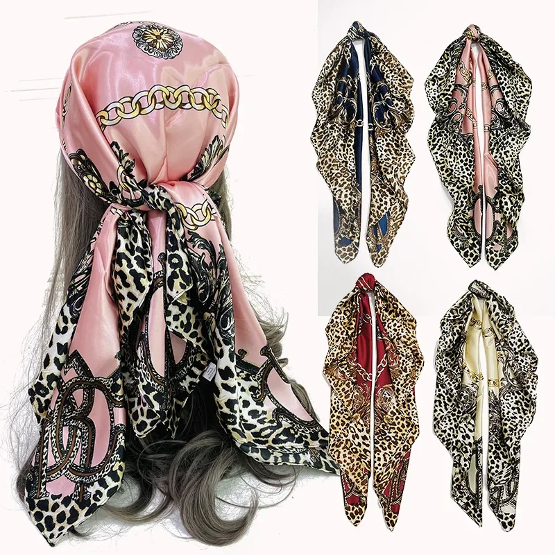 

Faux Silk Scarf Female Russian Leopard Print Shawl Kerchief Cashew Square Hijab 90*90cm