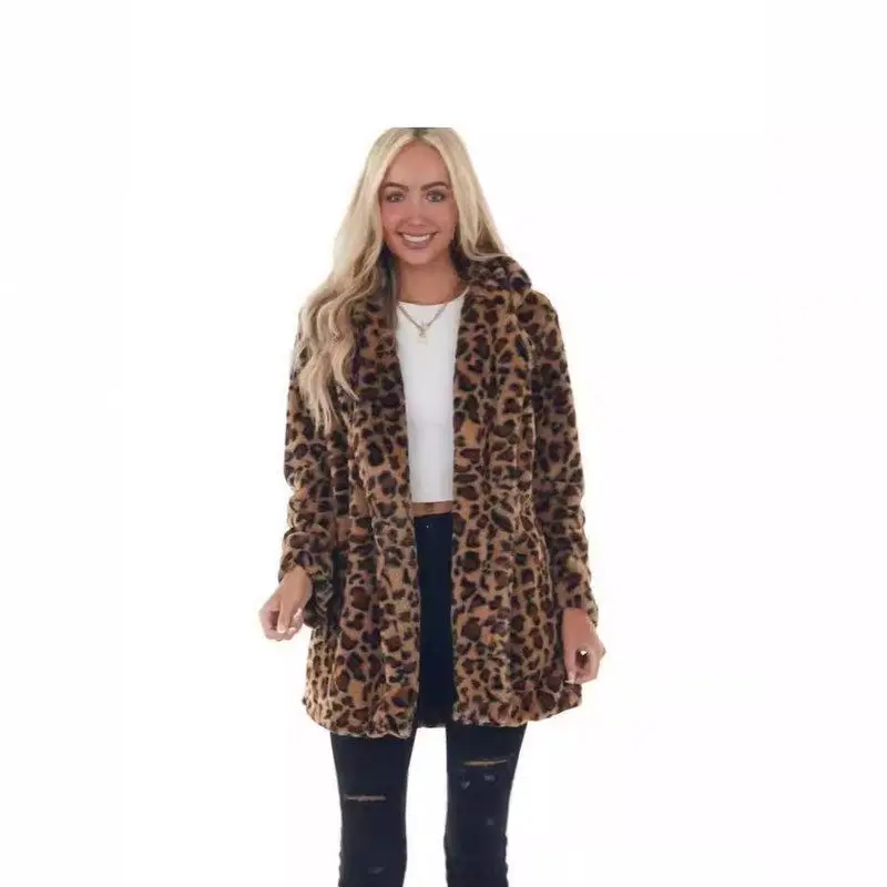 

Ele Loose Outerwear Faionable Leopard Print Faux Fur Coat for Women Autumn Winter Seasonal High Quali Fur Leather
