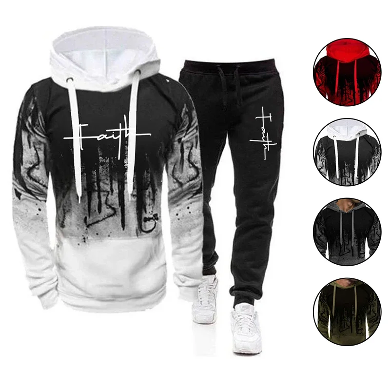 2024 Splash print men's suit sweatshirt hoodie + sweatpants spring and autumn leisure fitness running wear