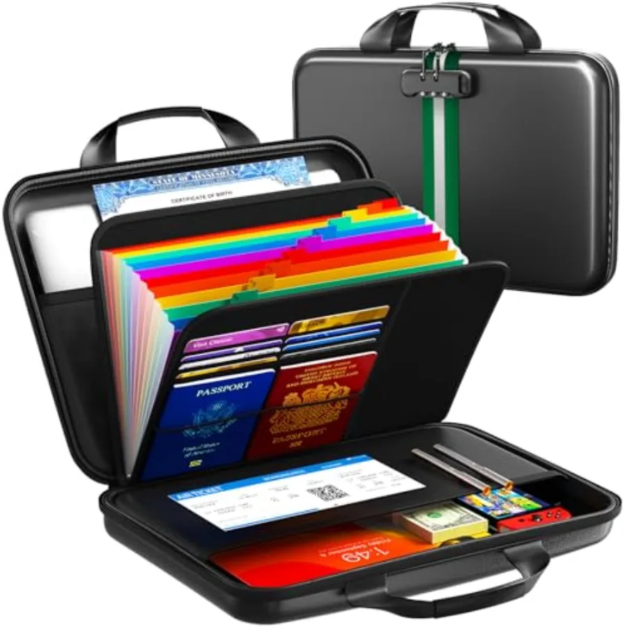 

Fireproof Accordion File Organizer with LockHard-Shell Fireproof Document Box with 13 Pockets for Certificates Passports Laptop