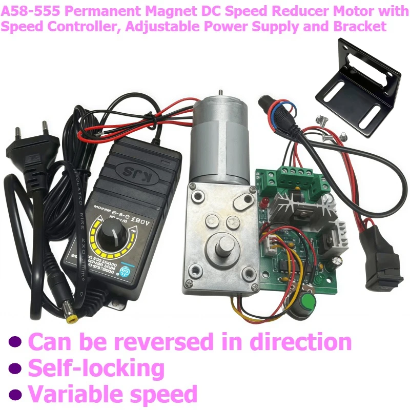 A58-555 Worm Gear Motor 12V 24V High Torque Self-locking With Adjustable Power Supply, Speed Regulator, Bracket