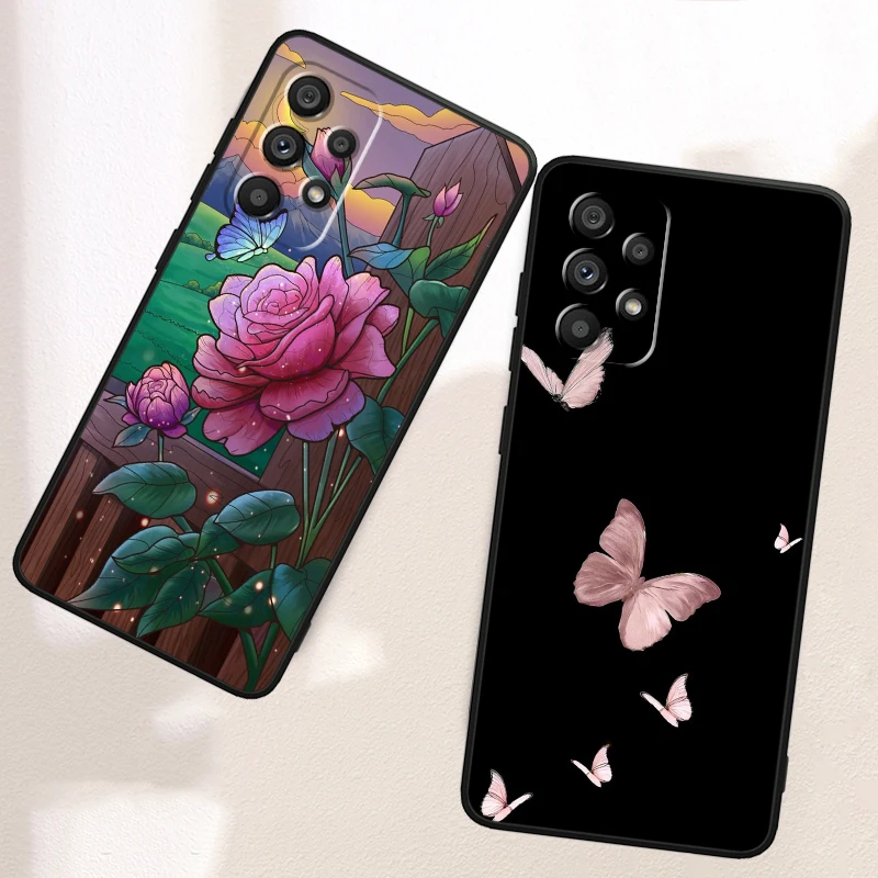 Butterflies And Flowers For Samsung A53 A52 A33 A32 A51 A71 A21S A13 A73 A55 A22 A23 A35 A72 A54 A12 5G Black Back Phone Case