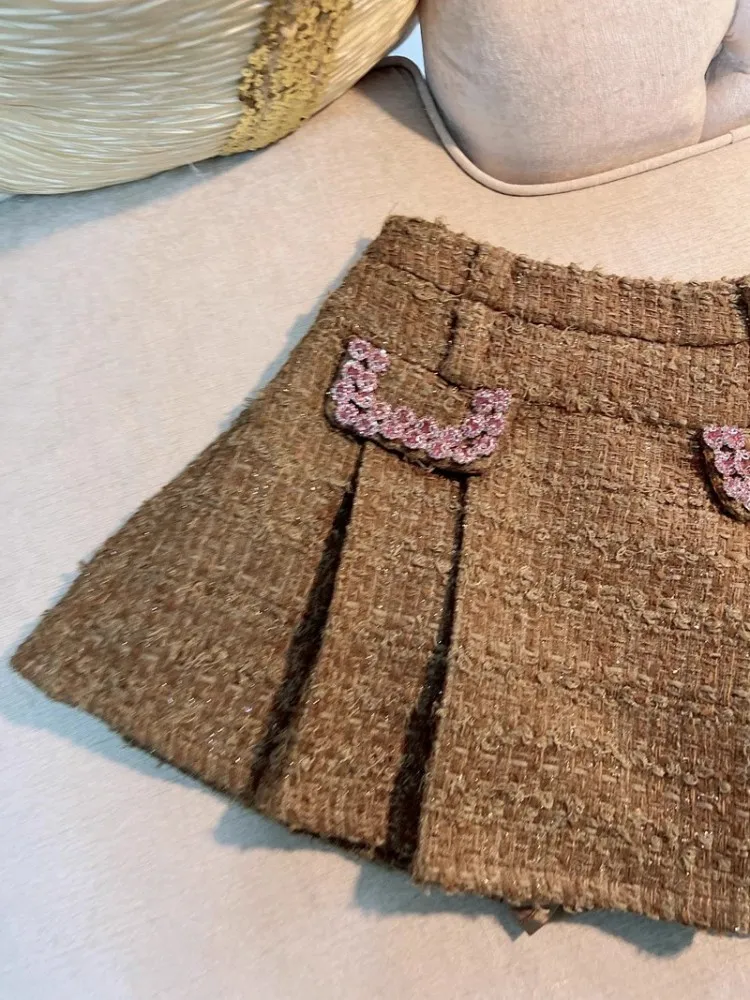 Conjunto de duas peças primavera outono moda feminina diamante tweed jaqueta curta cintura alta saia plissada senhoras vintage doce conjuntos combinando