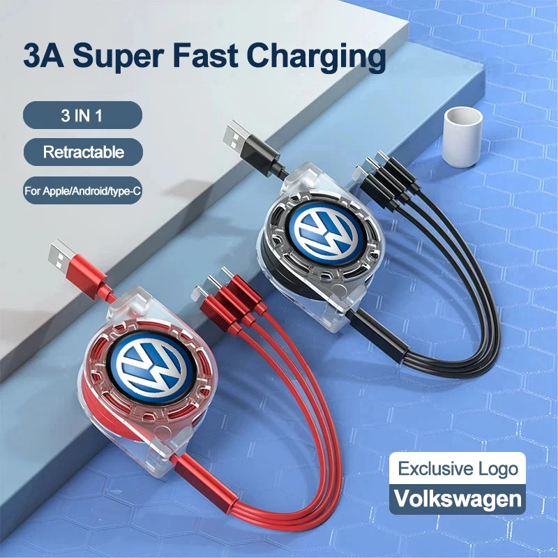 Car Three-in-one Data Cable Retractable Charging Cable For Volkswagen VW RLine Golf Amarok T5 Phaeton ID3 Tiguan T-Cross Passat